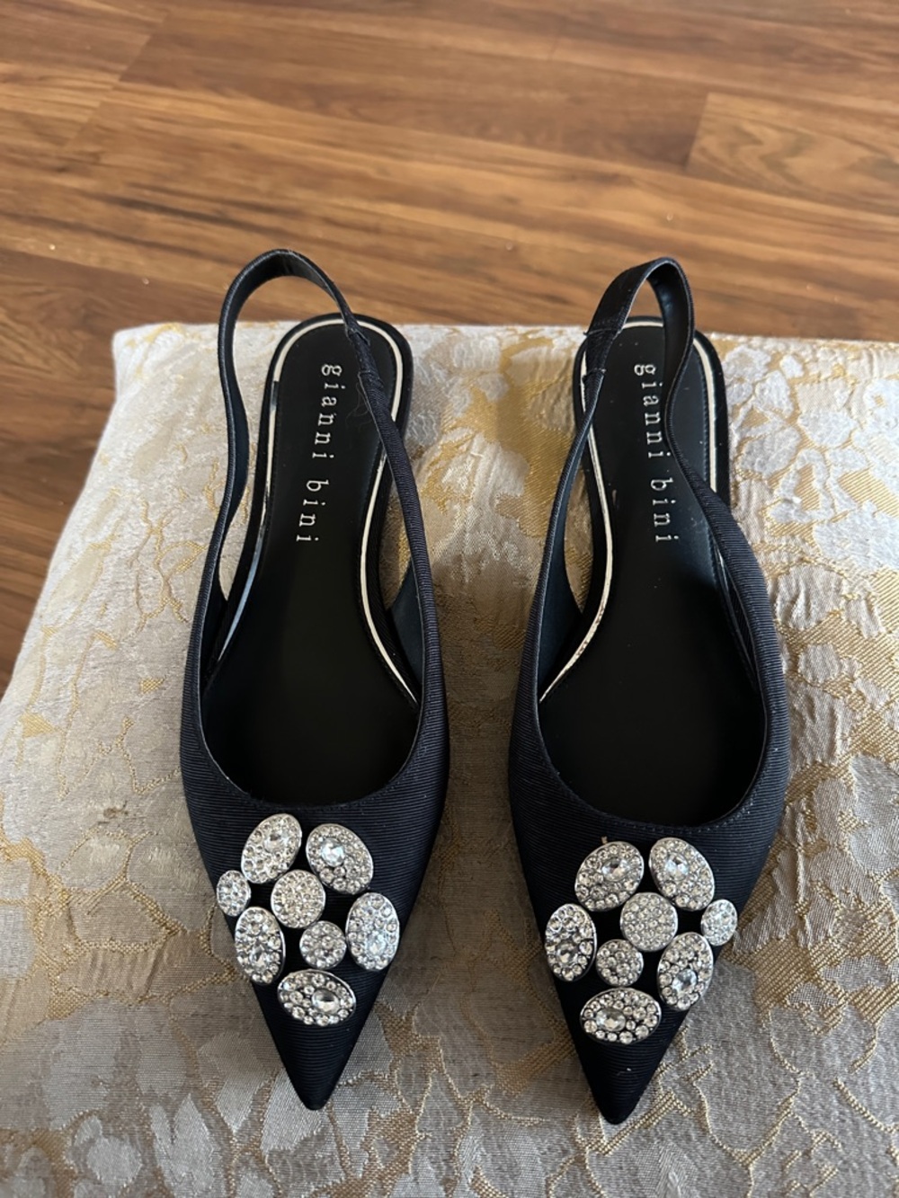 Gianni Bini Black Pointed Slingback Flats with Crystal Clusters